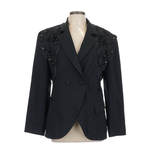 Biya Jackets & Blazers - Biya Black Double Breasted Blazer Floral Shoulder Applique Rhinestone Accents